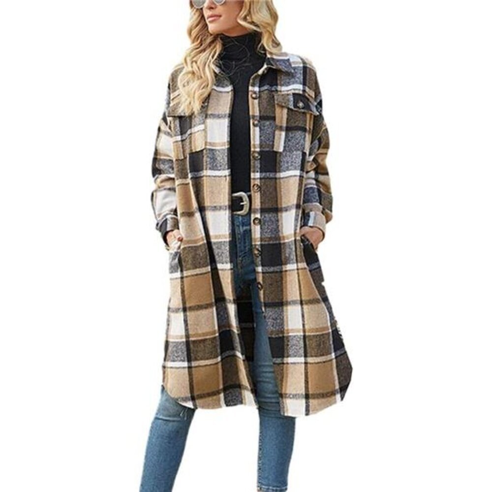Stylish Plaid Button-Up Shacket | Women's Long Sleeve Flannel Jacket